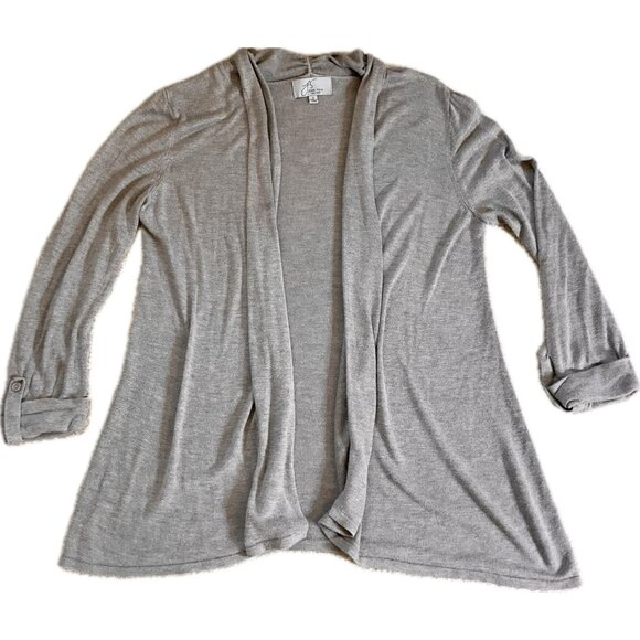 Joan Vass Cardigan  Size S Open Front Light Grey Knit Sweater Roll-tab Sleeves - Picture 7 of 14